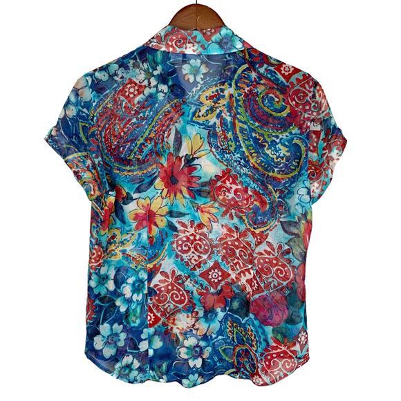 Chicos Shirt Button Front Silk Colorful Sheer Blouse Top Women’s 0 or S 4 - Picture 6 of 9